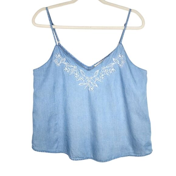 Sweet Wanderer Blue Denim Lyocell Embroidered Tank Top Spaghetti Straps Size L - Picture 1 of 10